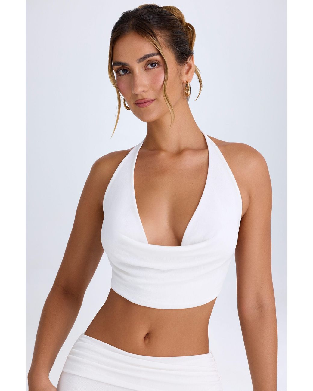 Oh Polly White Cowl-Front Halterneck Crop Top