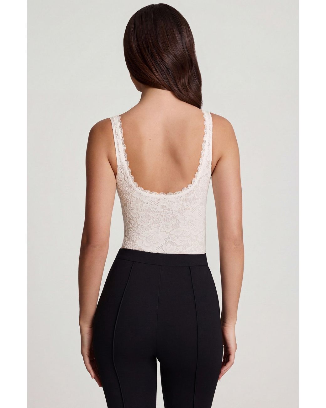 Oh Polly White Sheer Lace Scalloped Plunge-Neck Bodysuit