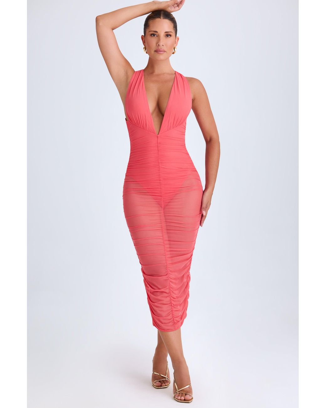 Oh Polly Pink Ruched Plunge Midaxi Dress
