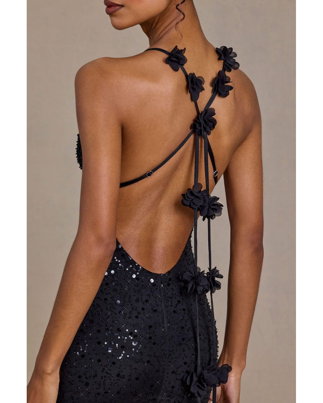 Oh Polly Black Embellished Plunge Open-Back Gown