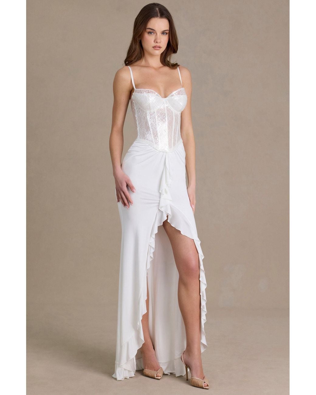 Oh Polly White Embellished Lace Corset Gown