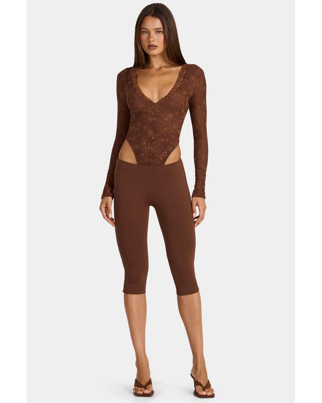 Oh Polly Brown Lace Long-Sleeve Bodysuit
