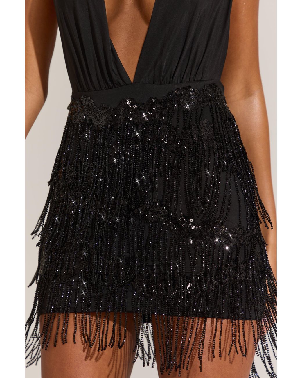 Oh Polly Black Fringed Skirt Halterneck Mini Dress