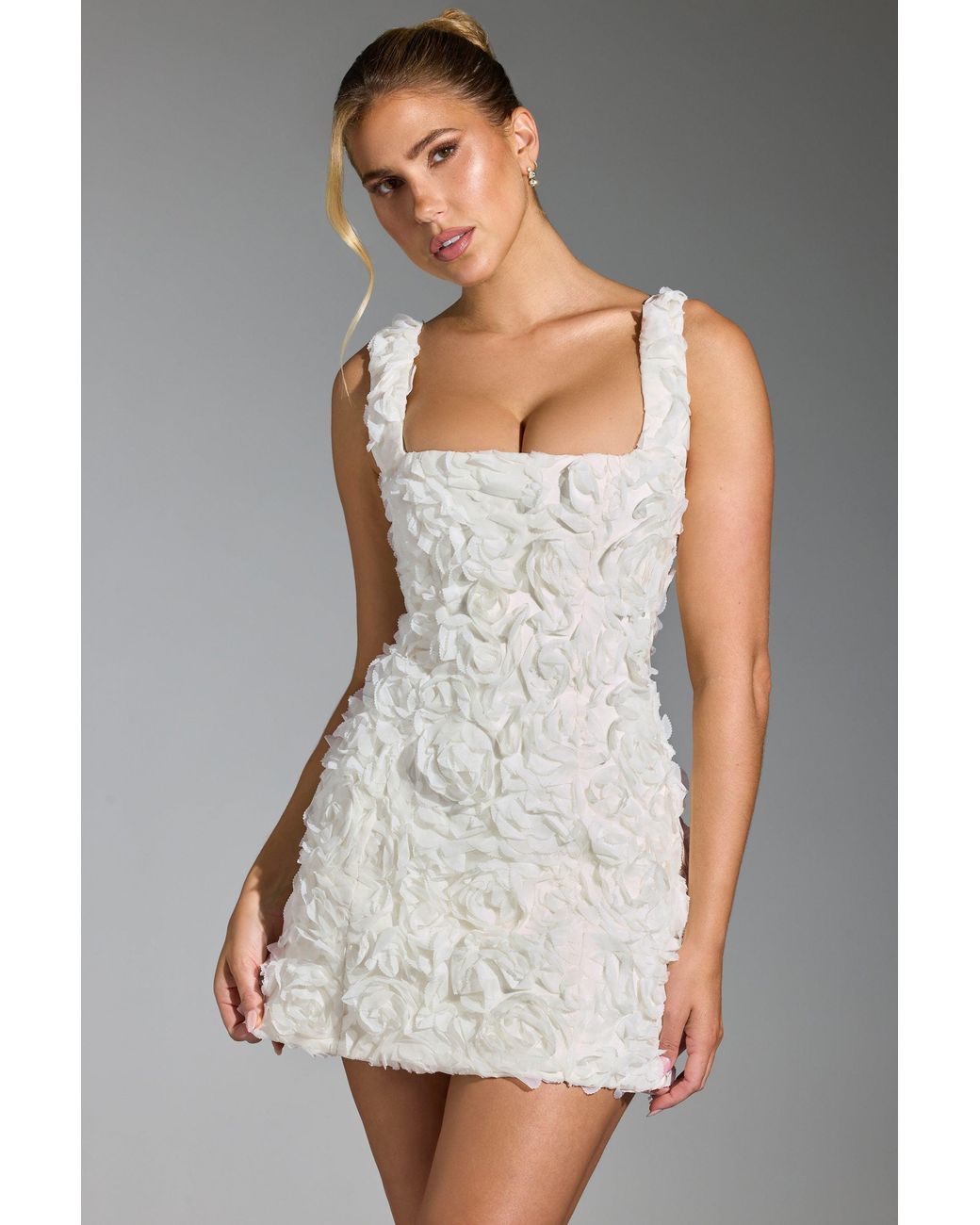Oh Polly White Floral-Appliqué Square-Neck Corset Mini Dress