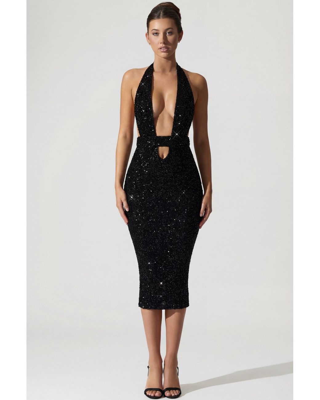 Oh Polly Black Embellished Cut-Out Open-Back Midaxi Dress