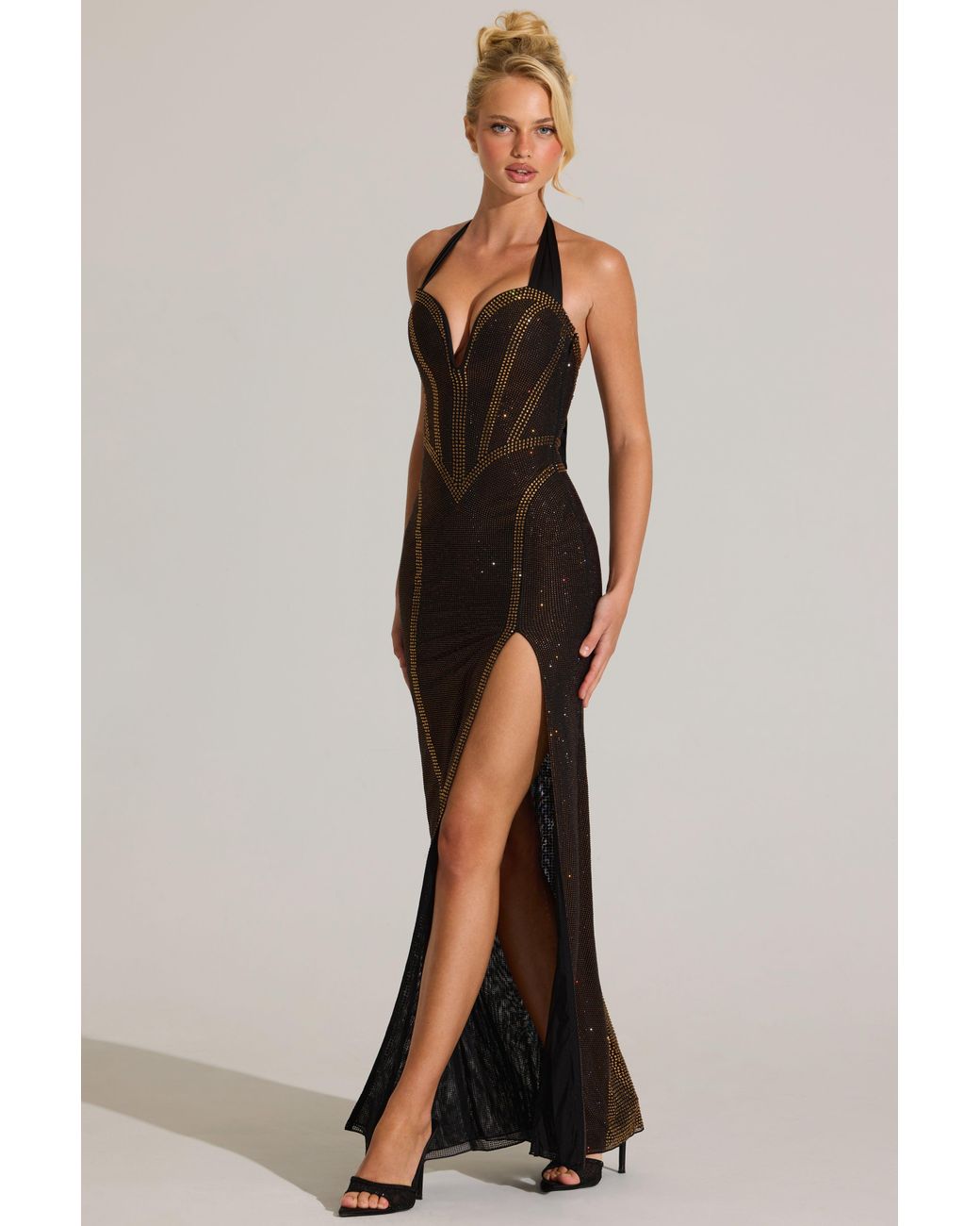 Oh Polly Multicolor Embellished Halterneck Maxi Dress