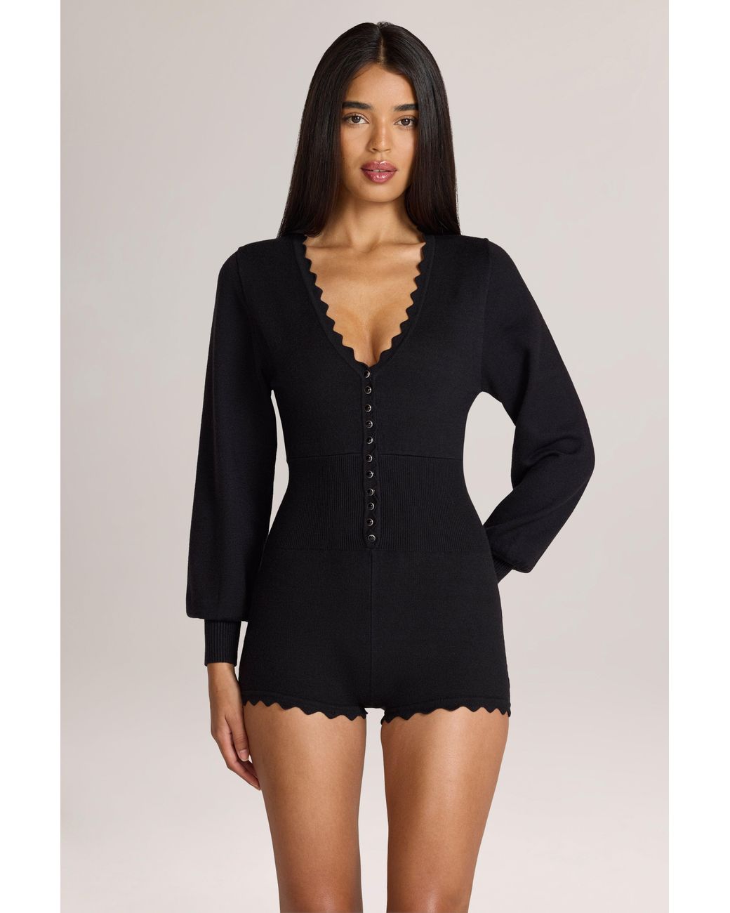 Oh Polly Black Knit Long-Sleeve Romper