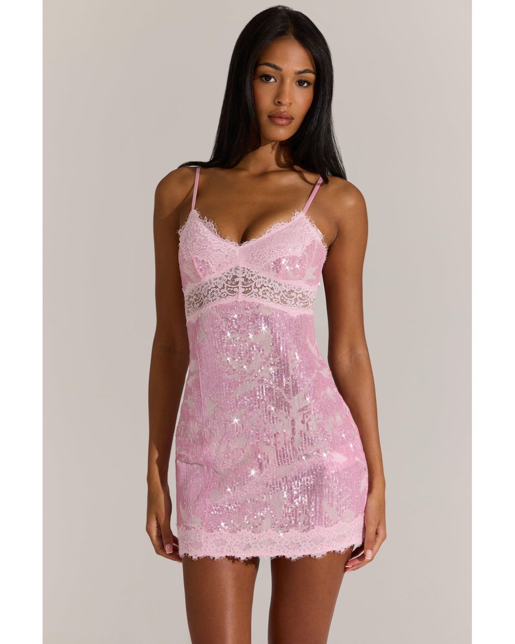 Oh Polly Pink Embellished Lace-Trim Mini Dress