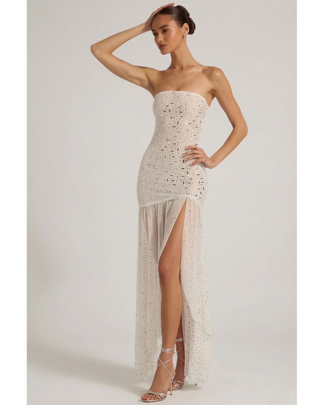 Oh Polly White Semi-Sheer Embellished Asymmetric Maxi Dress