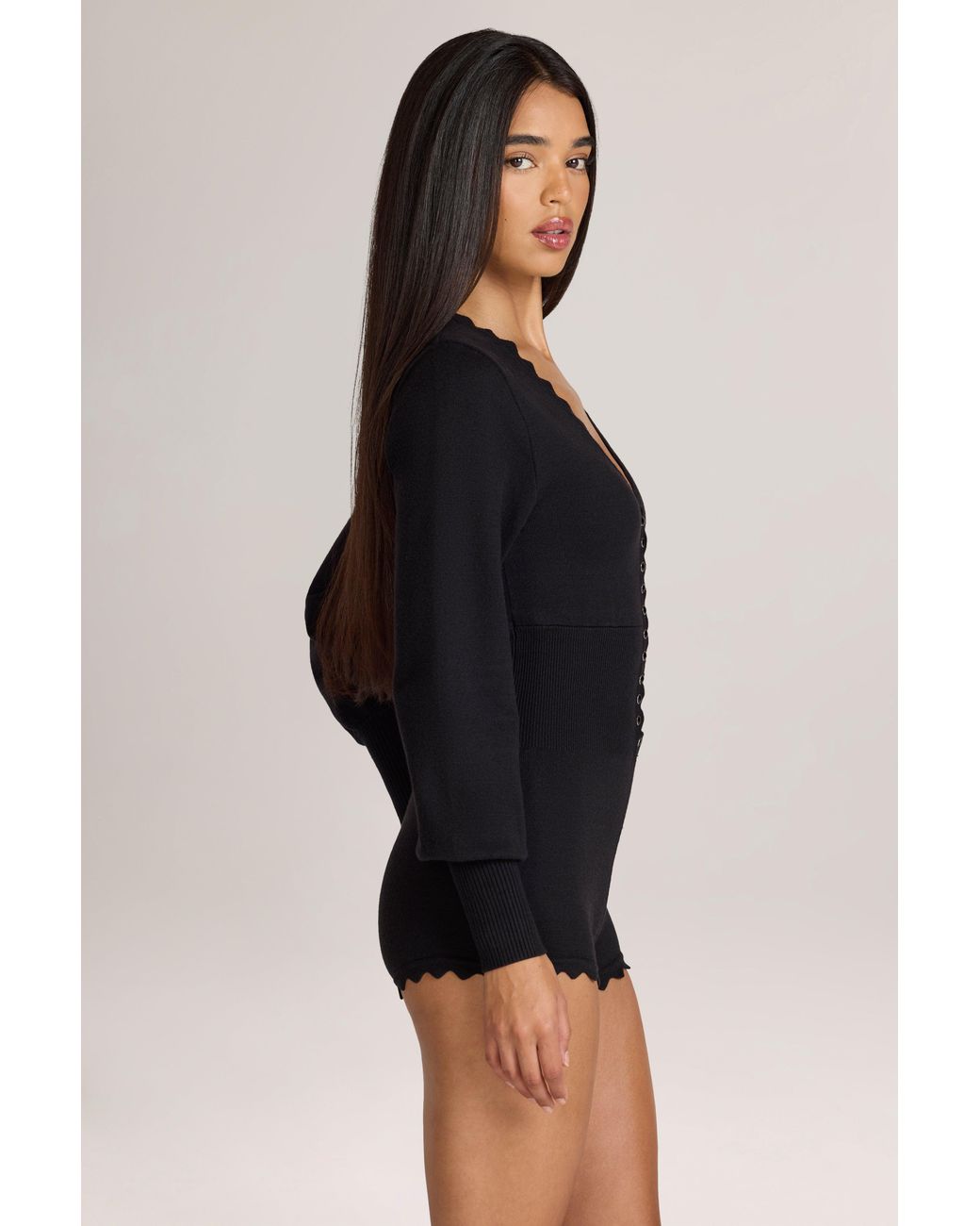 Oh Polly Black Knit Long-Sleeve Romper