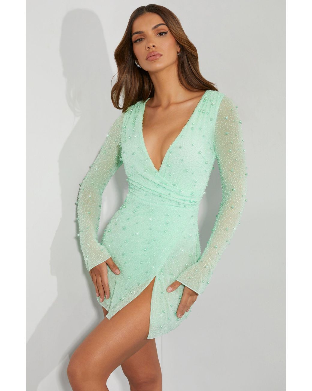 Oh Polly Green Embellished Wrap Over A-Line Mini Dress
