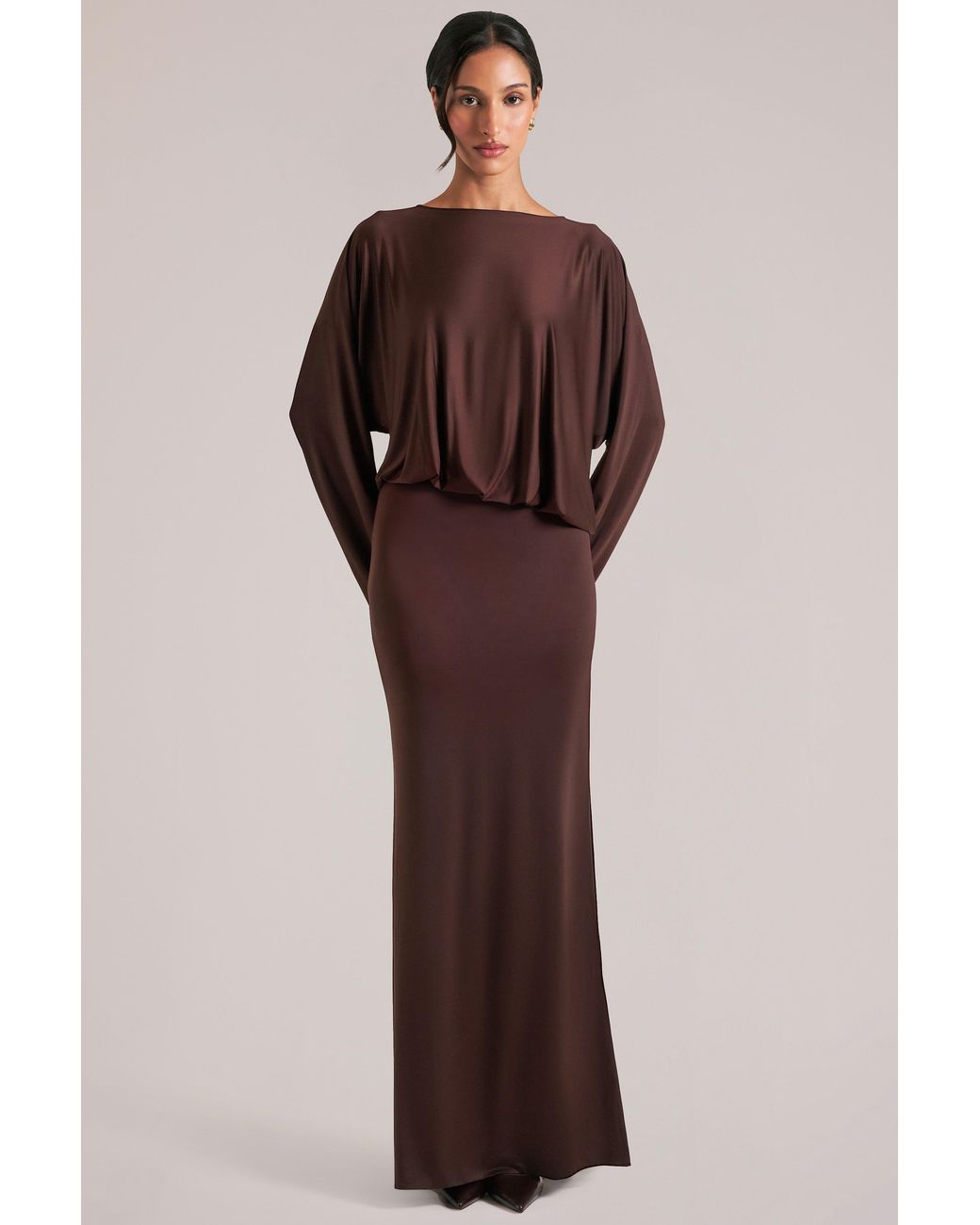 Oh Polly Brown Long-Sleeve Draped Maxi Dress