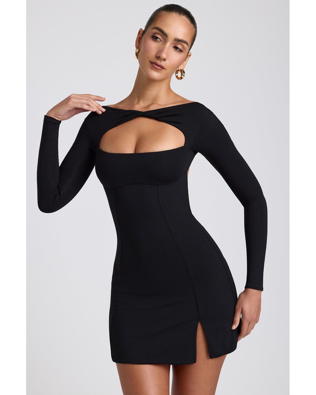 Oh Polly Black Modal Twist-Front Long-Sleeve Mini Dress
