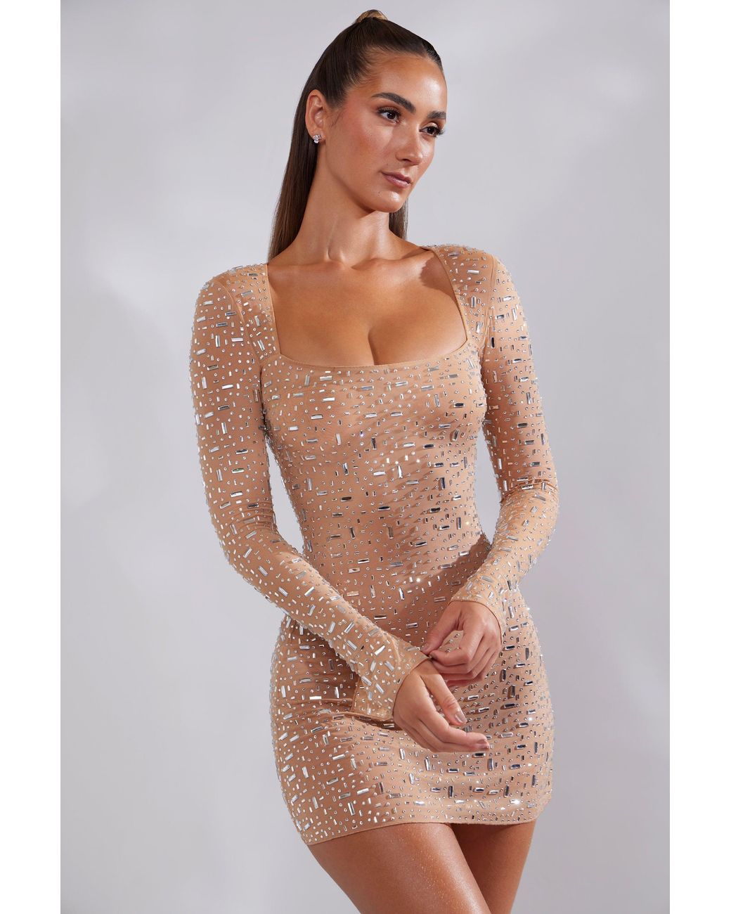 Oh Polly Natural Sheer Embellished Long Sleeve A-Line Mini Dress