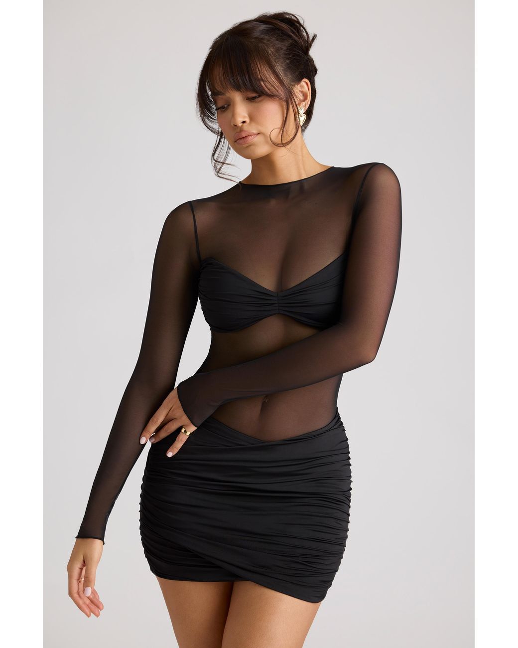 Oh Polly Black Sheer Panelled Long Sleeve Mini Dress