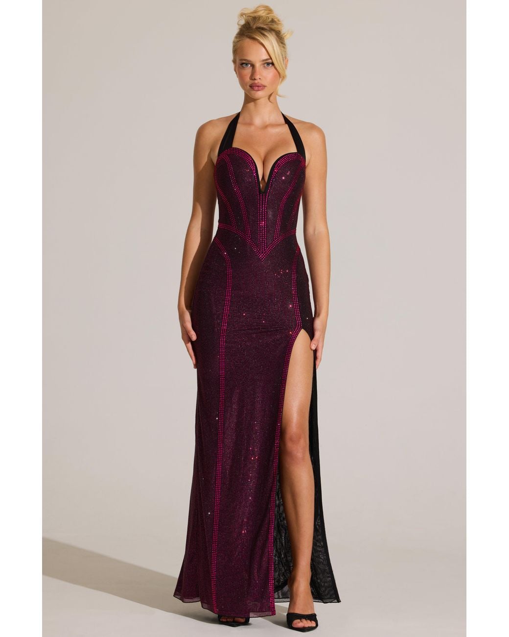 Oh Polly Pink Embellished Halterneck Maxi Dress