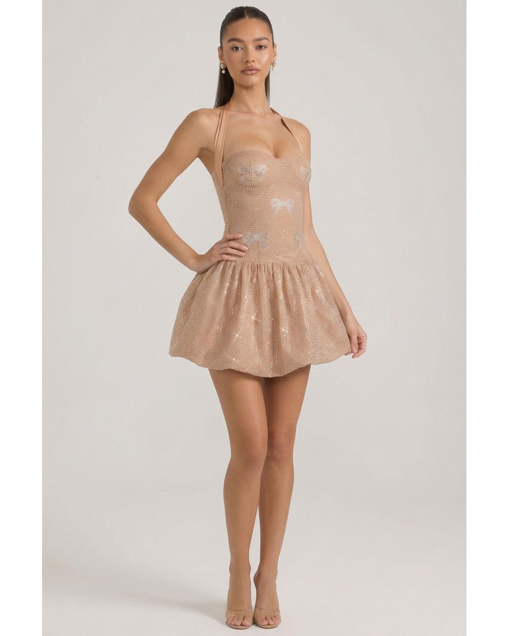 Oh Polly Natural Embellished Halterneck Bubble Hem Mini Dress