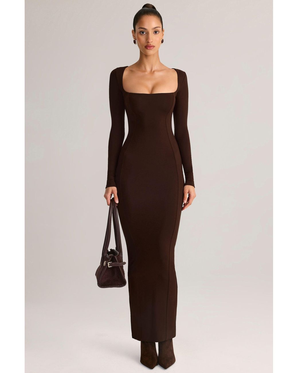 Oh Polly Brown Modal Square-Neck Bodycon Maxi Dress