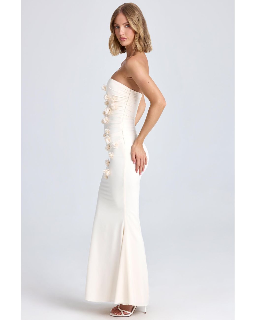 Oh Polly White Draped Floral-Appliqué Maxi Dress