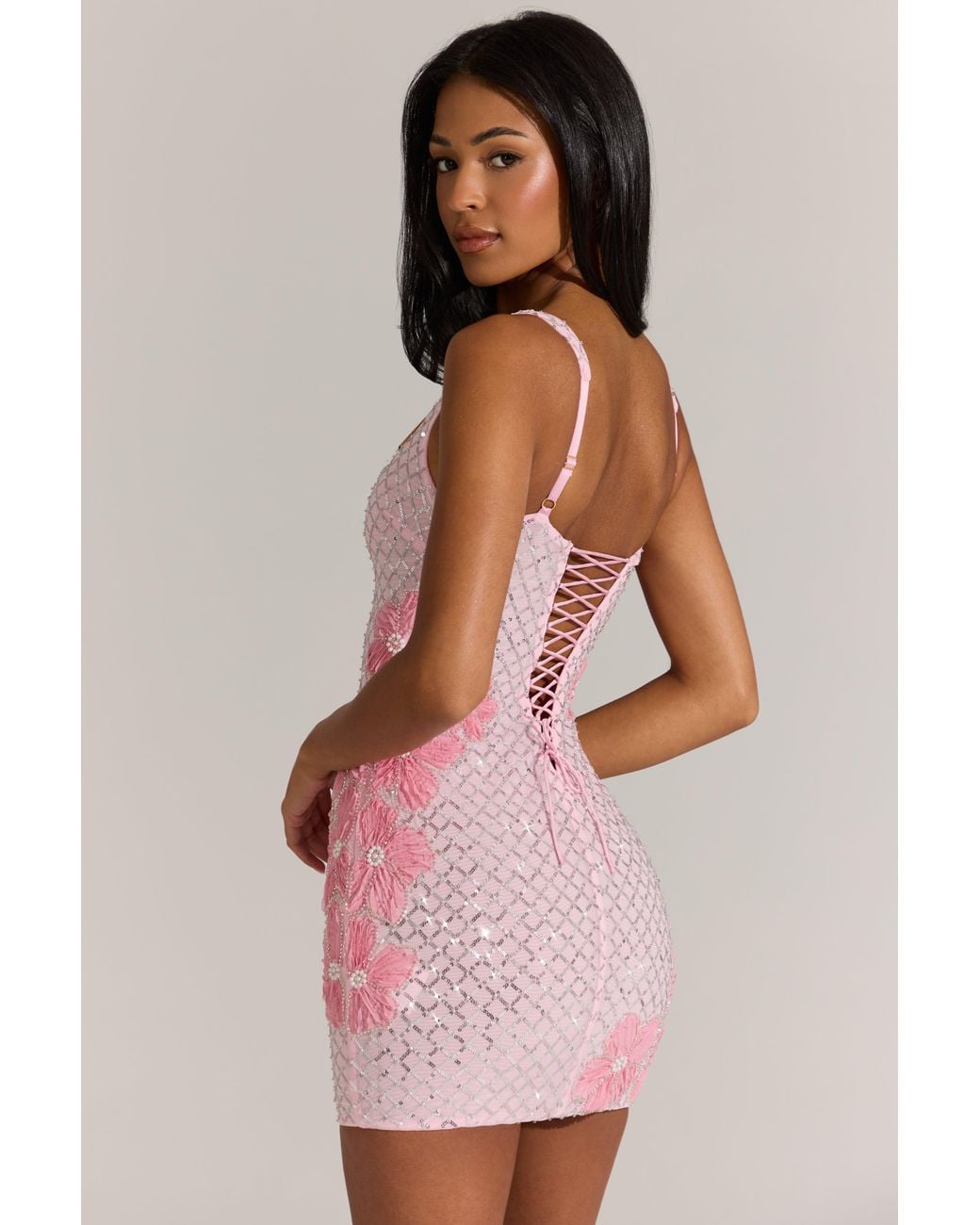 Oh Polly Pink Embellished Square-Neck Mini Dress