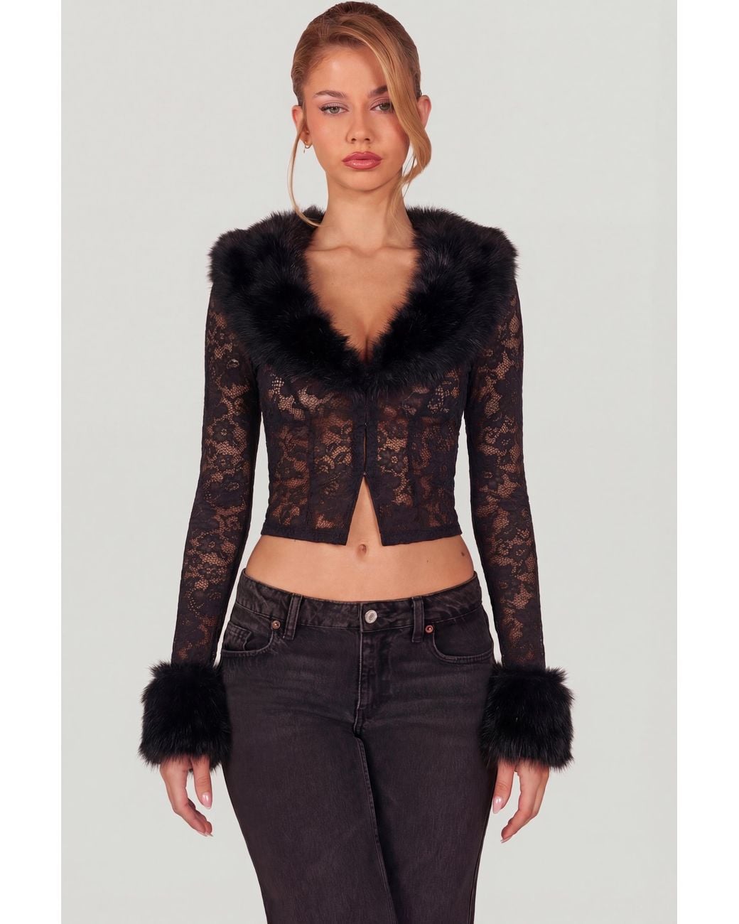 Oh Polly Black Sheer Lace Faux-Fur-Trim Cardigan