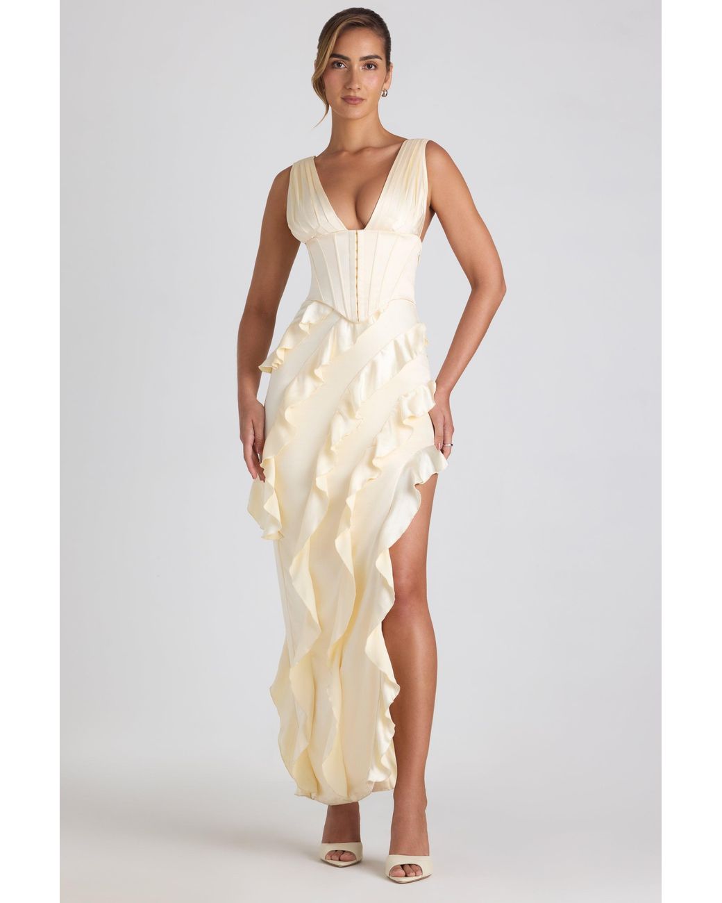 Oh Polly White Ruffle-Trim Corset Maxi Dress