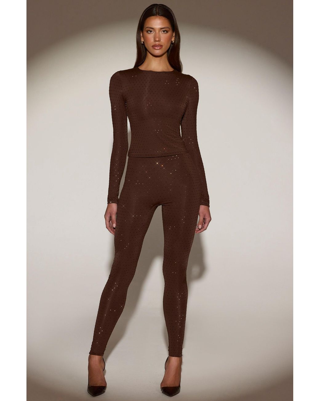 Oh Polly Brown Embellished Crew-Neck Long-Sleeve Top