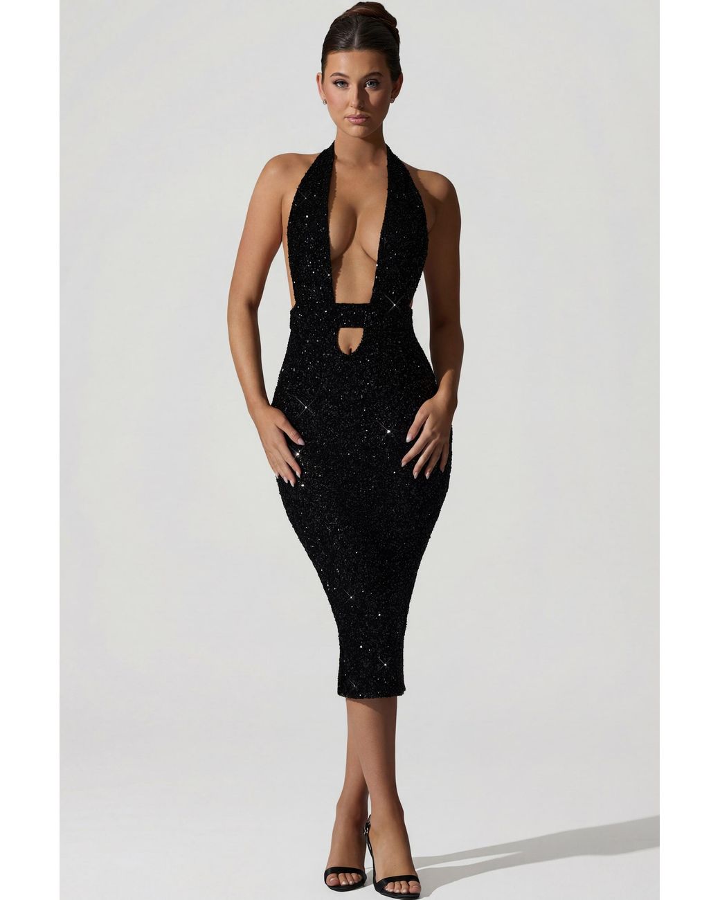 Oh Polly Black Embellished Cut-Out Open-Back Midaxi Dress