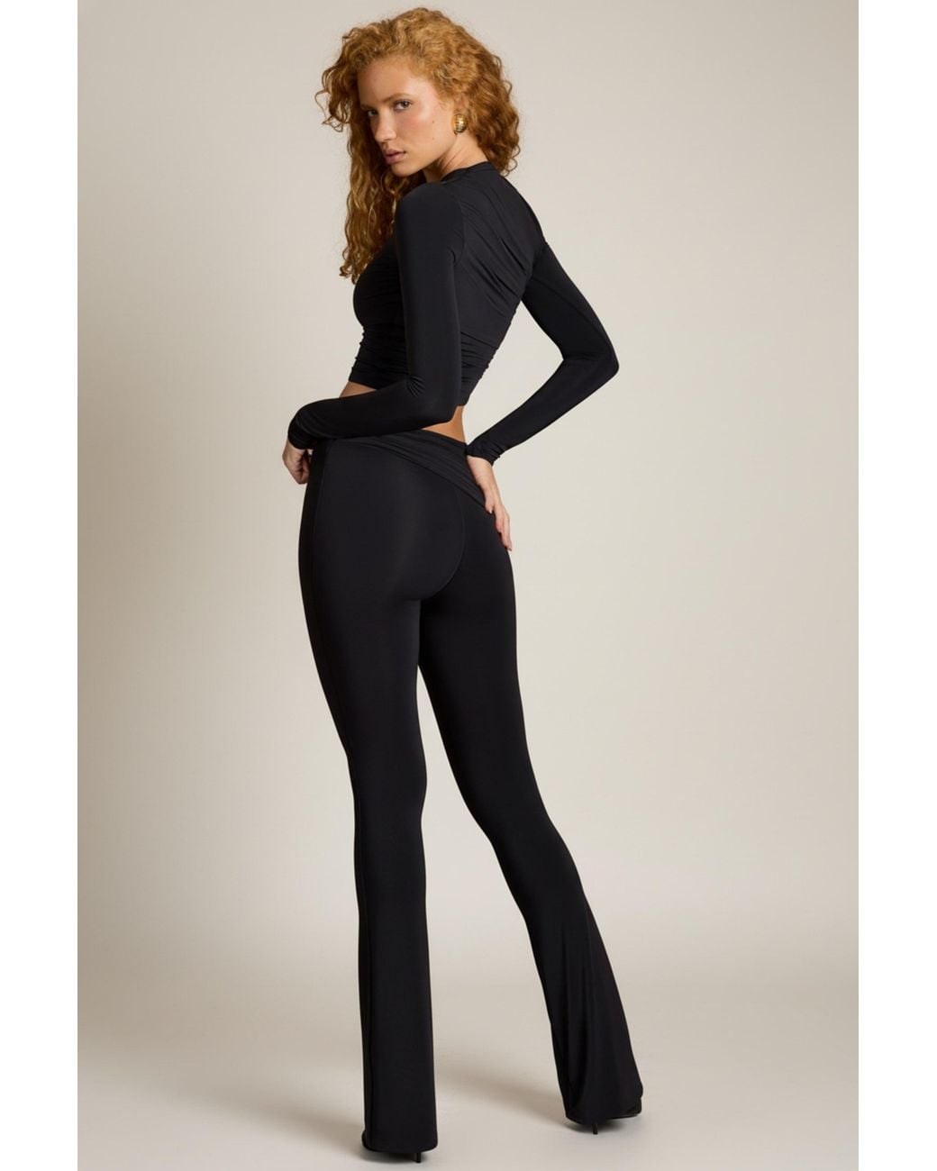 Oh Polly Black Asymmetric Draped Mid-Rise Flared Trousers