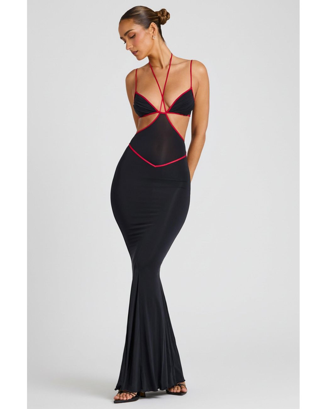 Oh Polly Black Contrast Binding Cut Out Evening Gown