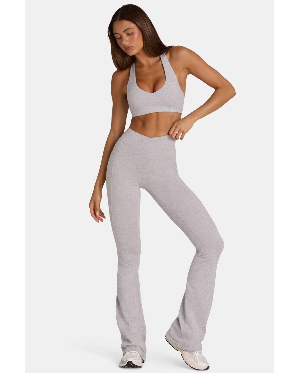 BO+TEE Gray Soft Active V-Waist Flared Leggings