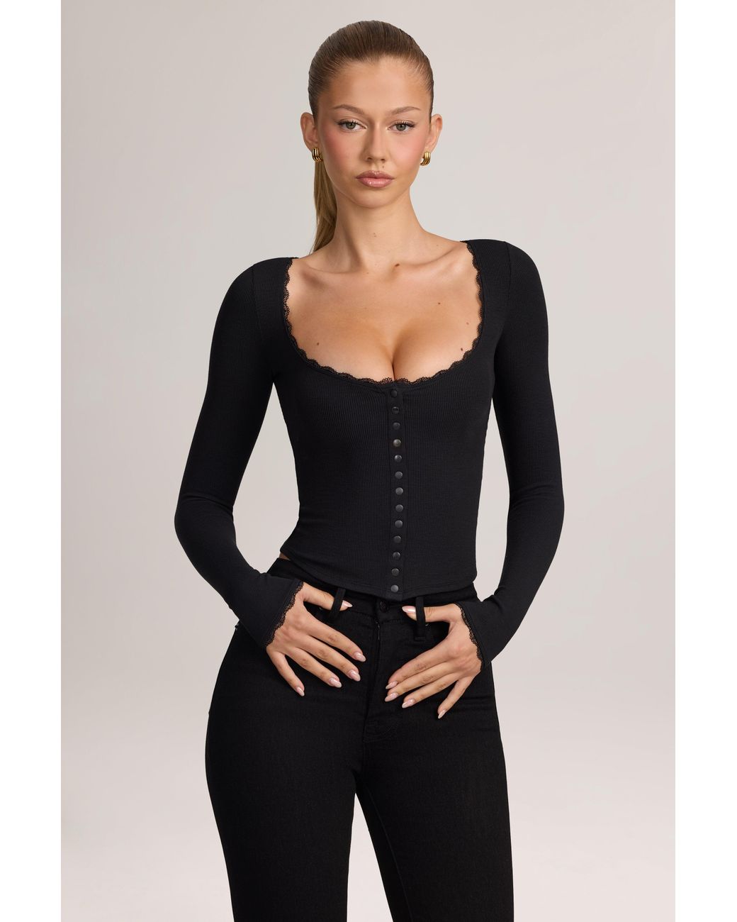 Oh Polly Black Ribbed Modal Lace-Trim Cardigan