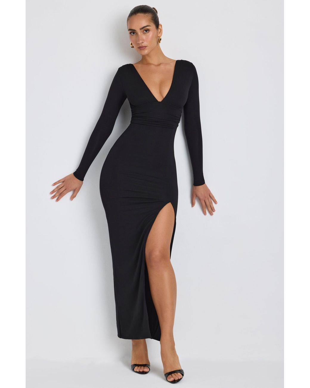 Oh Polly Black Modal Plunge Neck Long Sleeve Maxi Dress