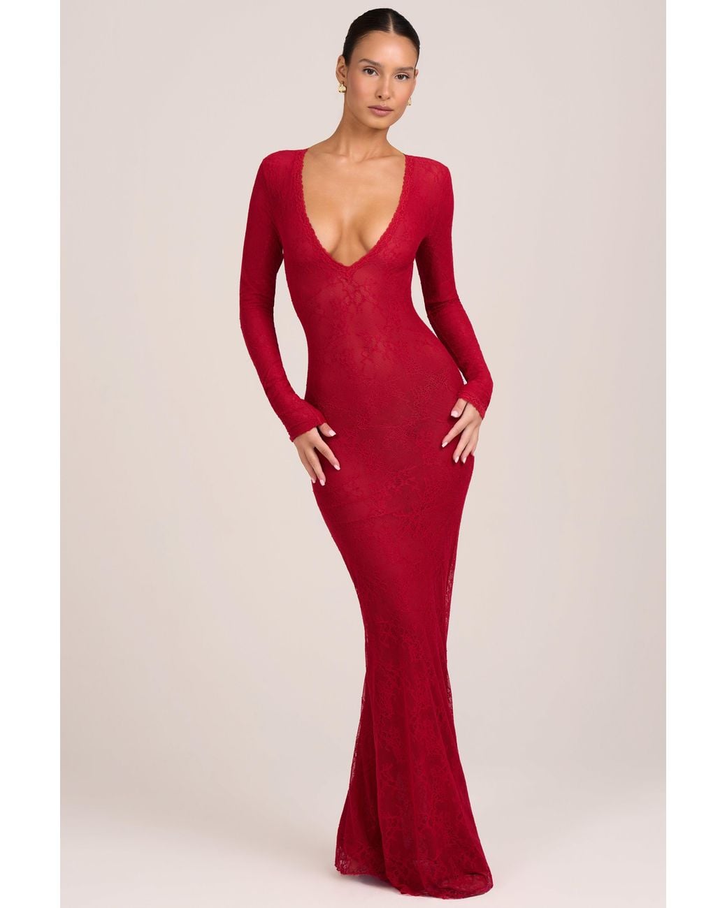Oh Polly Red Lace Long-Sleeve Maxi Dress