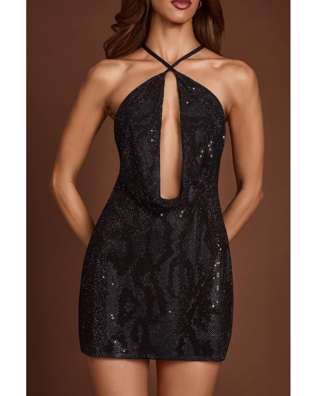 Oh Polly Black Embellished Halterneck Cowl A-Line Mini Dress