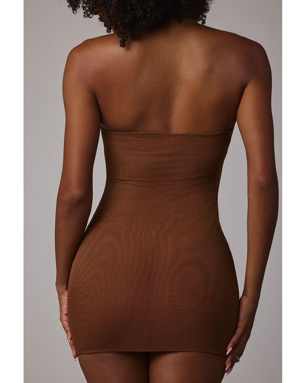 Oh Polly Brown Soft Sheer-Mesh Bandeau Mini Slip Dress