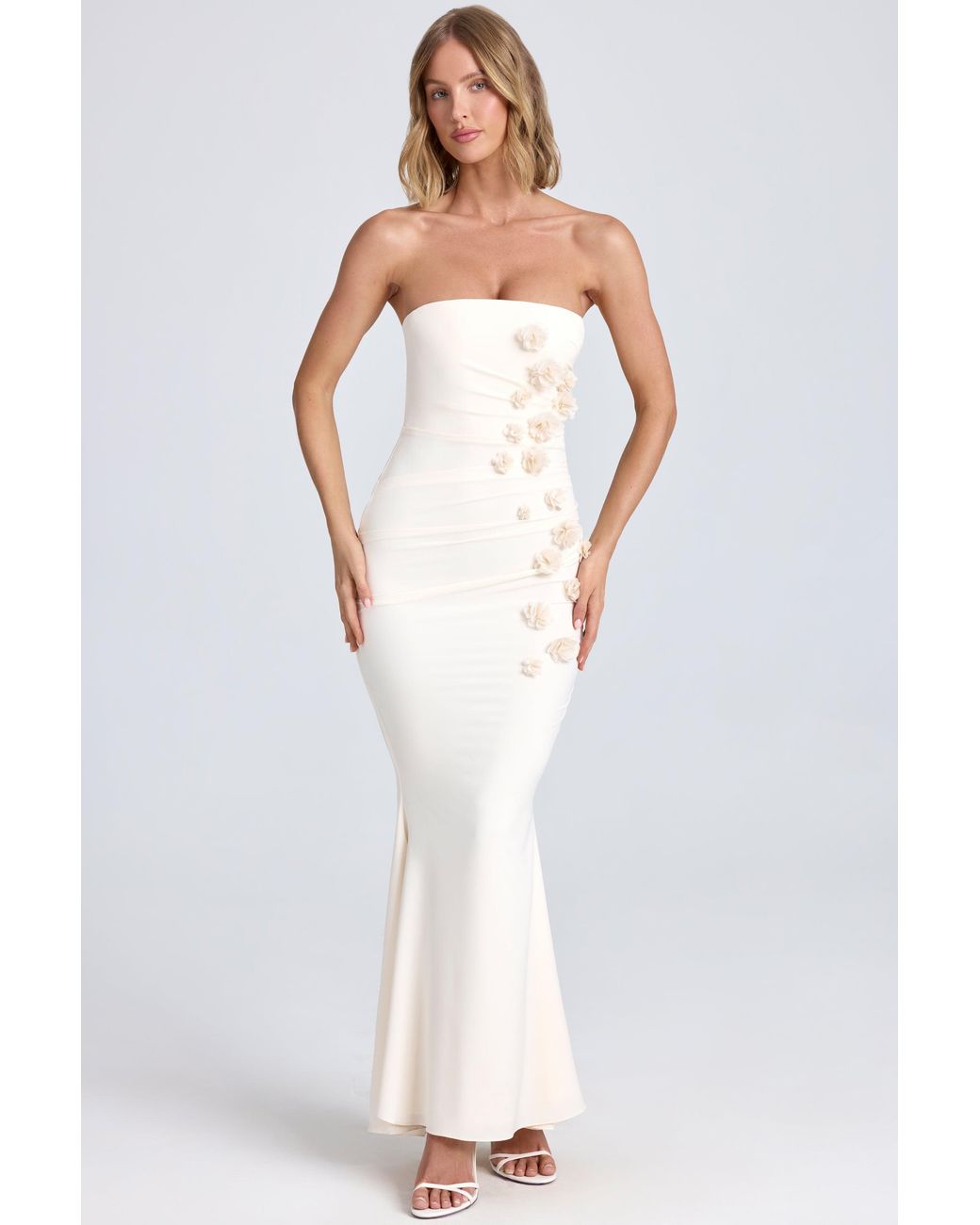 Oh Polly White Draped Floral-Appliqué Maxi Dress