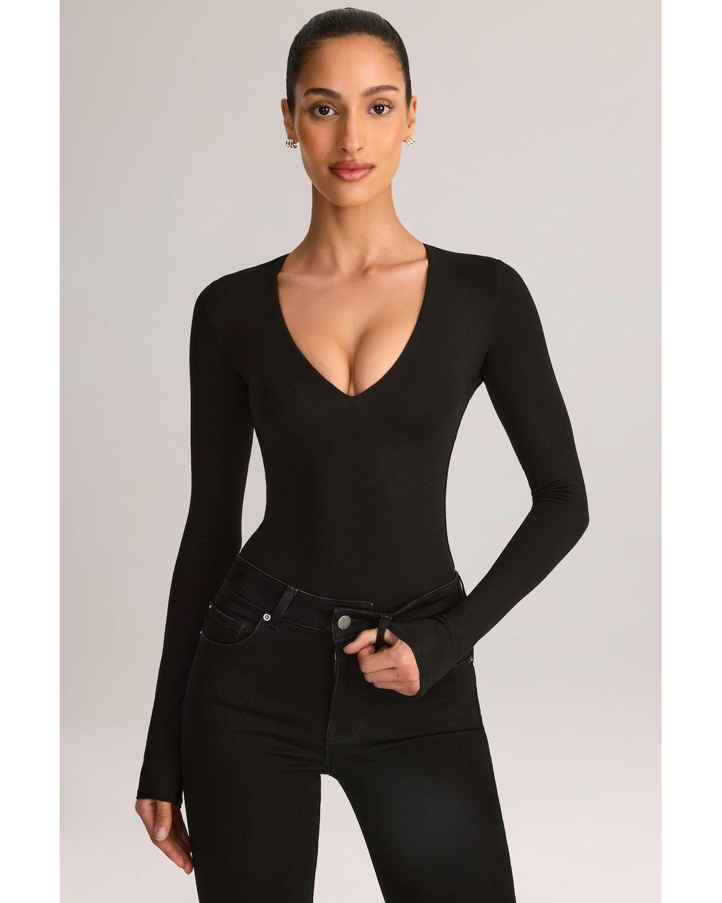 Oh Polly Black Modal Plunge Long-Sleeve Bodysuit