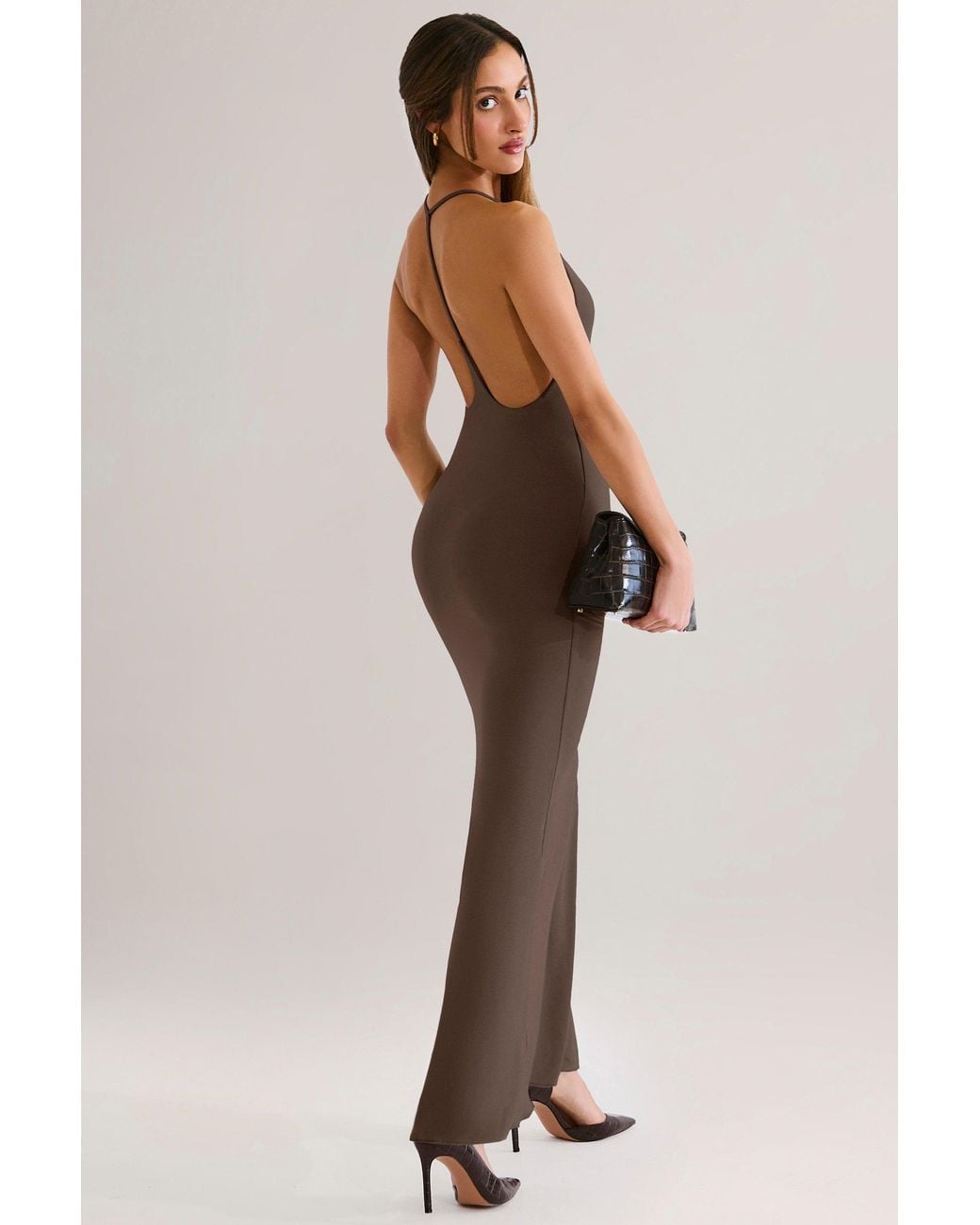 Oh Polly Brown Modal Plunge Backless Maxi Dress