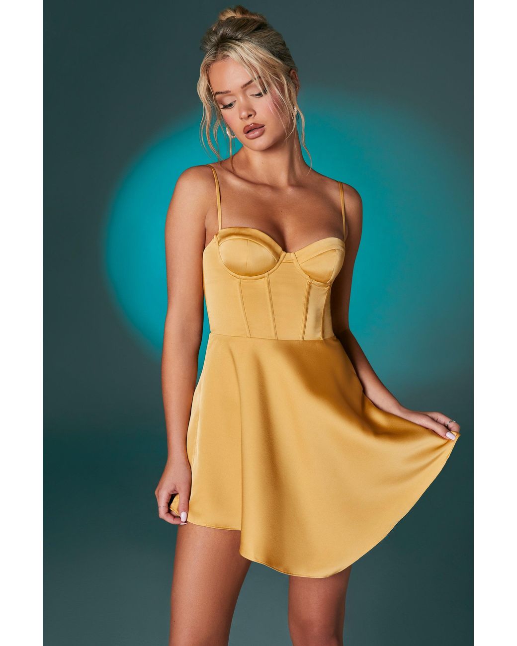 Oh Polly Metallic Asymmetric Hem Corset Mini Dress