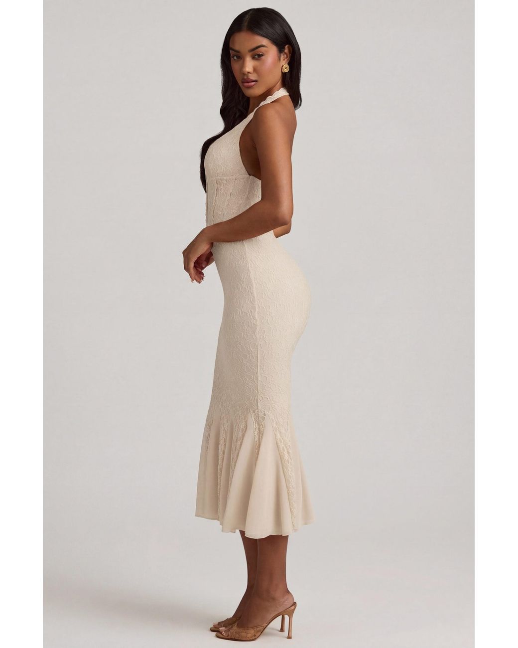 Oh Polly Natural Halterneck Corset Lace Midaxi Dress