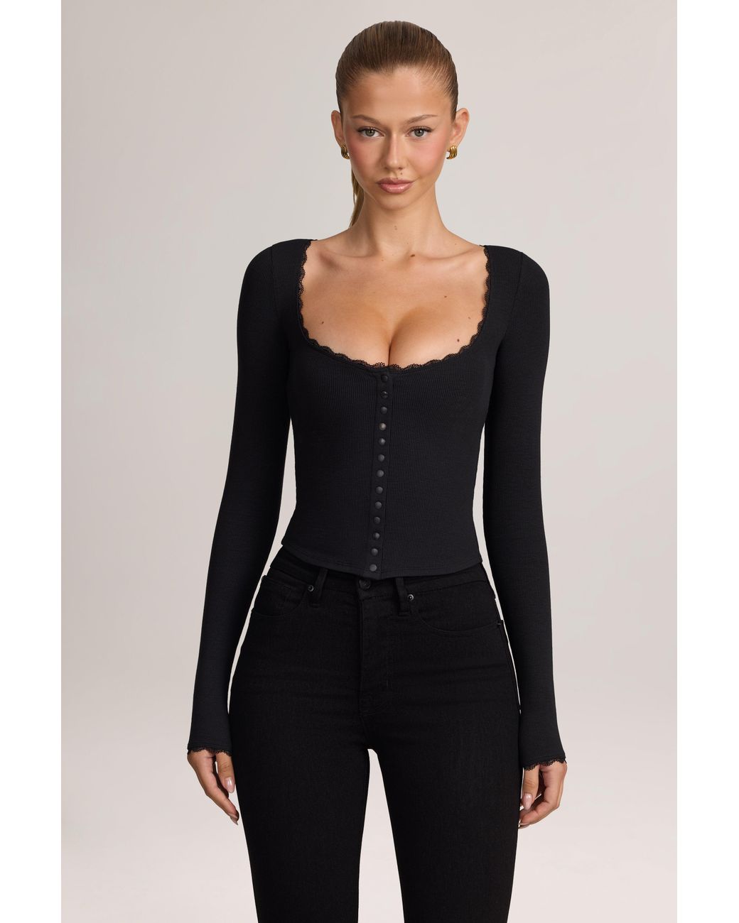 Oh Polly Black Ribbed Modal Lace-Trim Cardigan