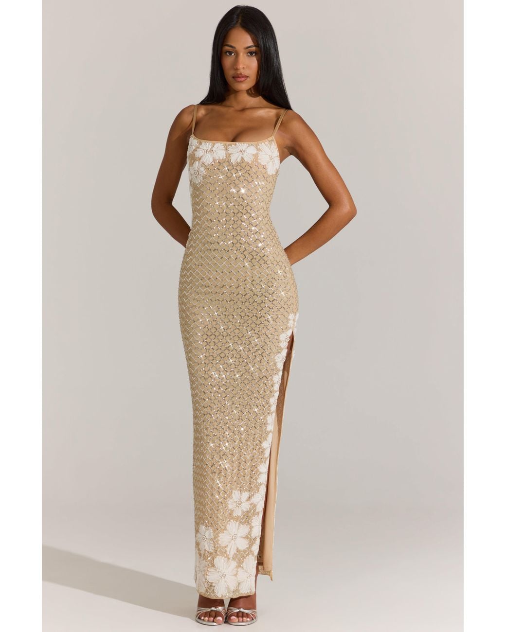 Oh Polly Metallic Embellished Square-Neck Maxi Dress