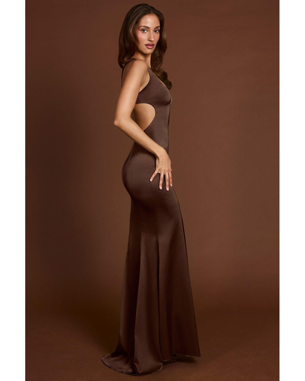 Oh Polly Brown Scoop-Neck Lace-Up Back Maxi Dress