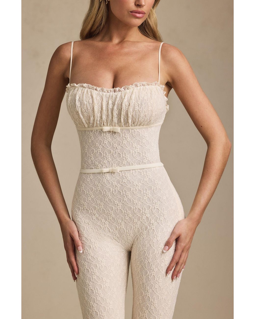 Oh Polly White Bow-Detail Lace Flared Jumpsuit