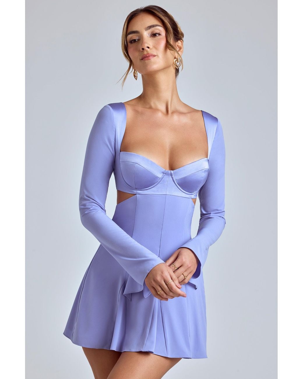 Oh Polly Blue Long Sleeve Godet Mini Dress