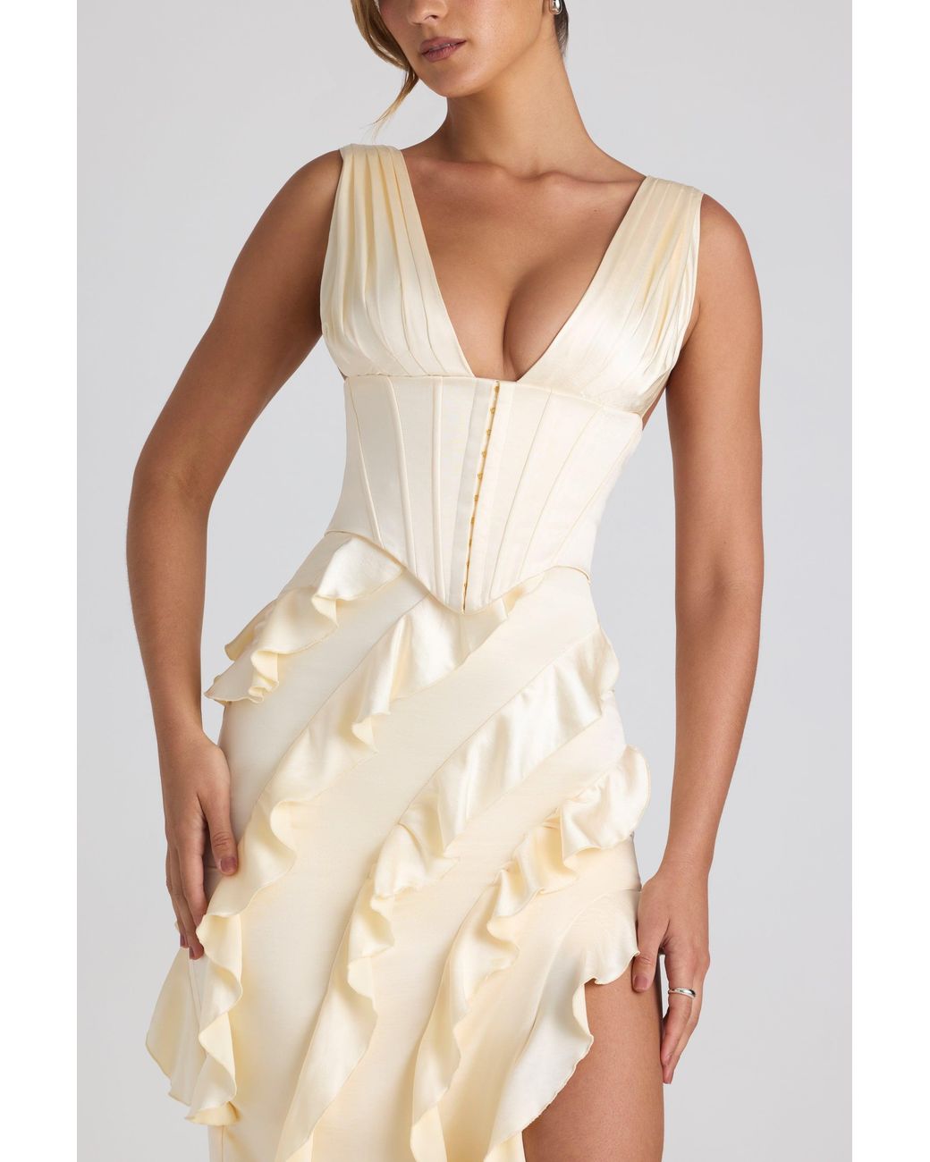 Oh Polly White Ruffle-Trim Corset Maxi Dress