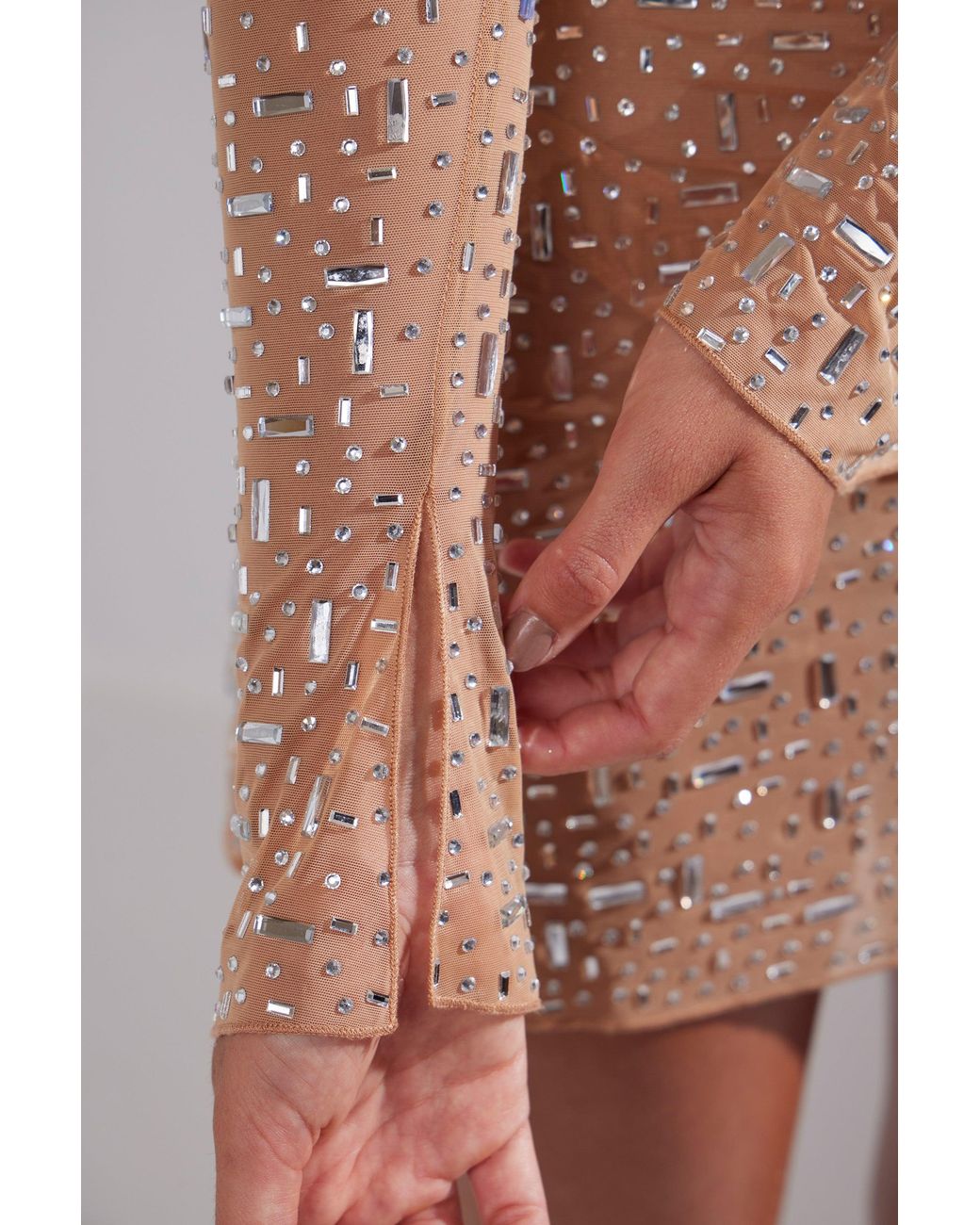 Oh Polly Natural Sheer Embellished Long Sleeve A-Line Mini Dress
