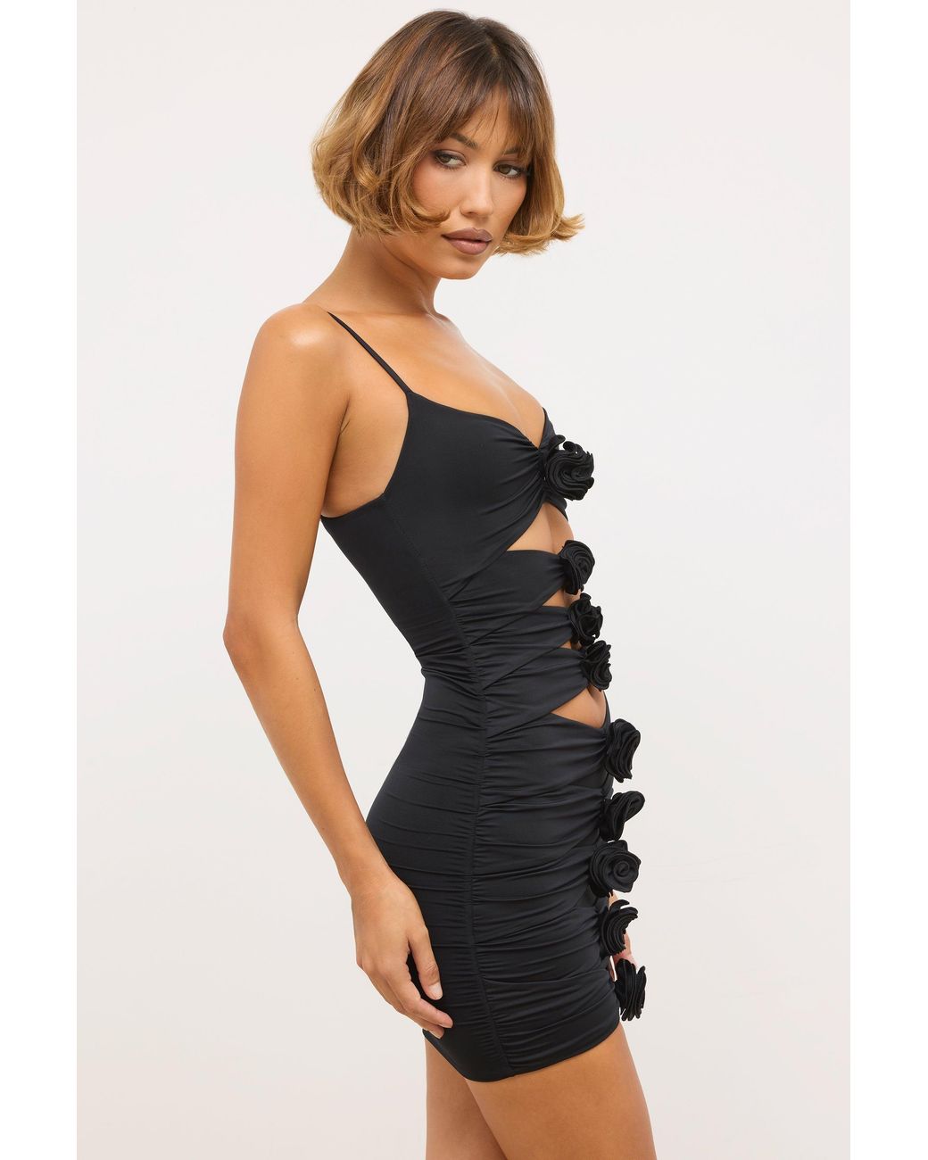 Oh Polly Black Slinky Jersey Rose Detail Cut Out Mini Dress