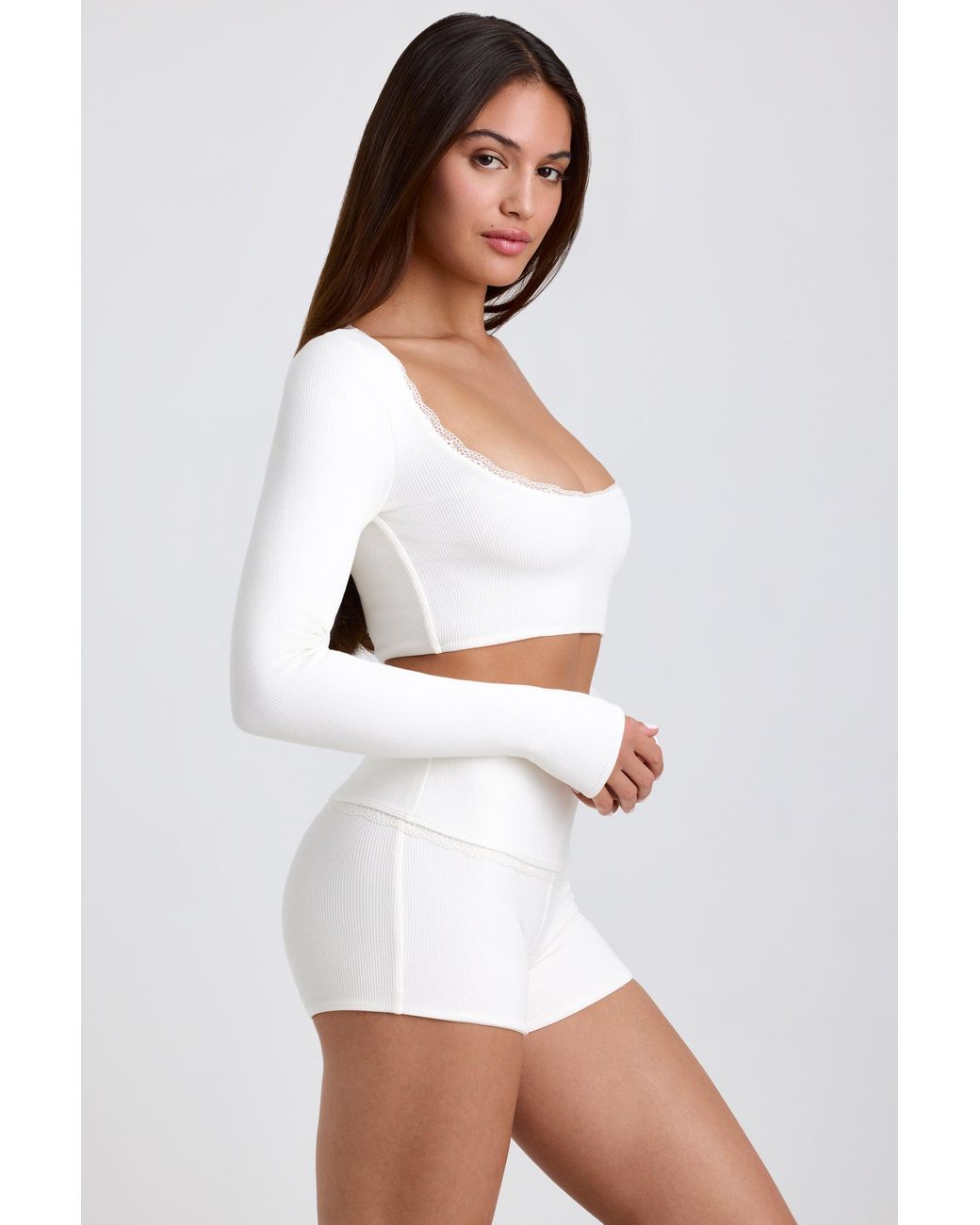 Oh Polly White Ribbed Modal Lace-Trim Crop Top